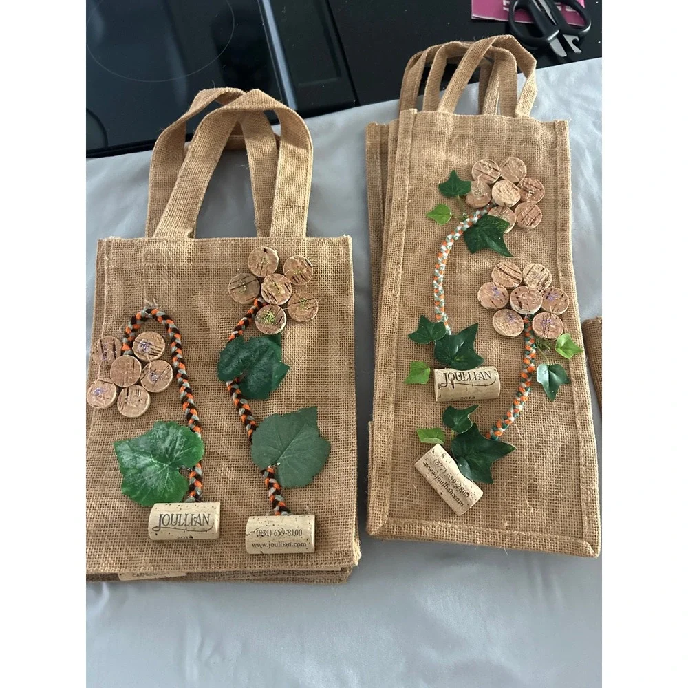 Joullian Vineyards Burlap Wine Gift Bags Set Cork Flower Decor Rustic Jute 2pc